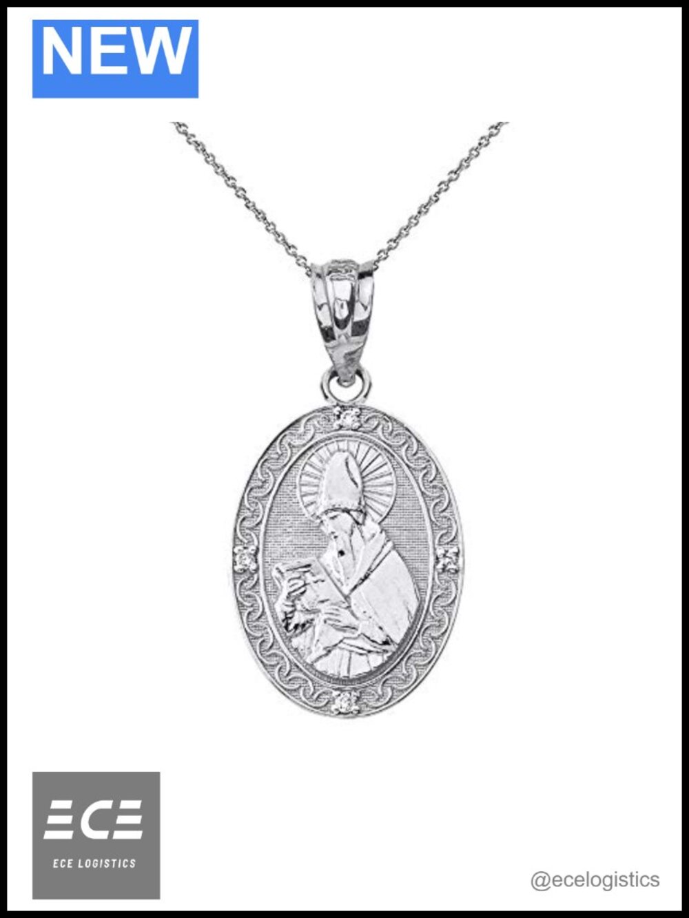 Sterling Silver St Augustine Oval Medal CZ Necklace 20"